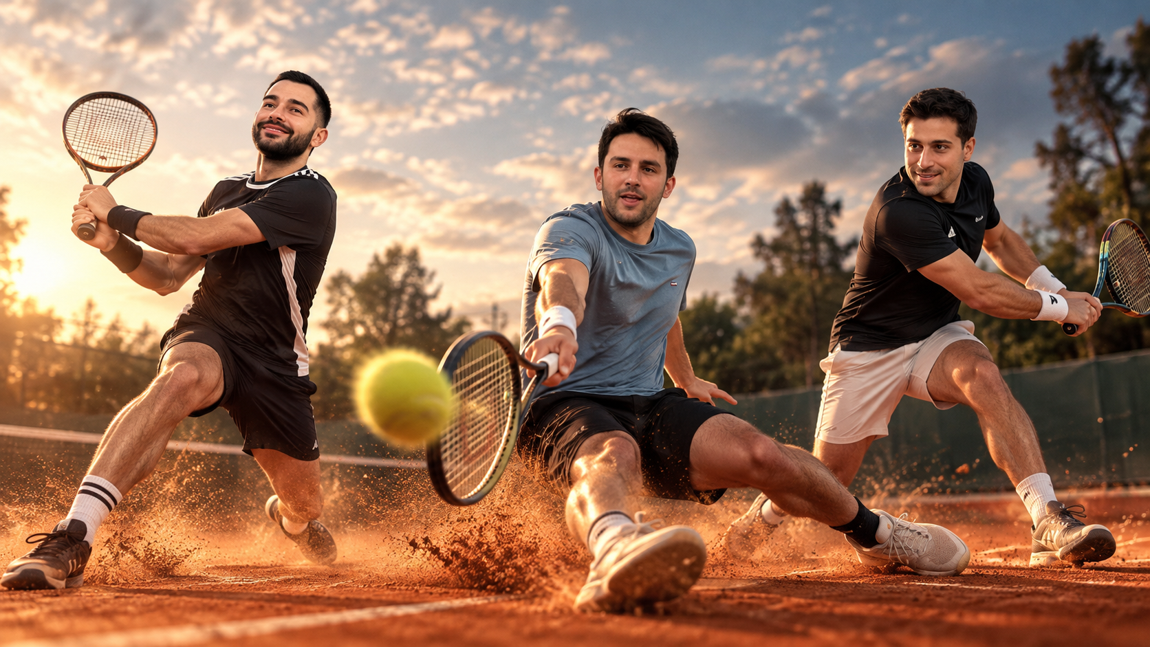 Three players stretching for shots on a clay court at sunset, red dust flying